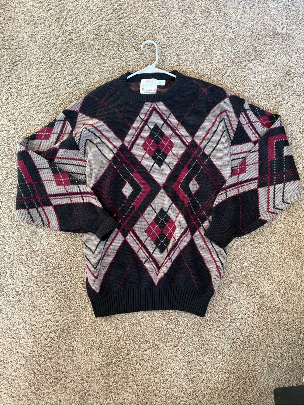 London Fog Black Argyle Crewneck Sweater with Burgundy and Taupe